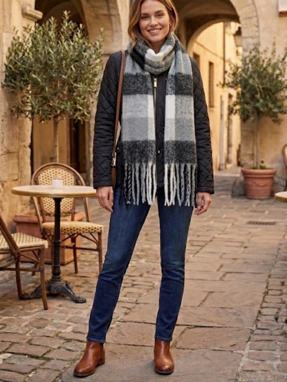 22. Chunky Soft Knit Black Grey Plaid Fringe Scarf